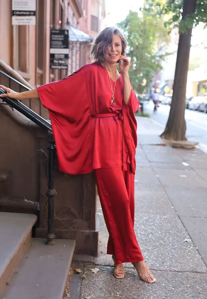 Crimson-colored Alma tunic with Nadia pants. 