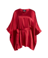 Power red satin with an asymmetric style, perfect for all shapes and can be worn multiple ways  One size fits most tunic with asymmetric hem, a self tie belt, can be tied a host of ways, 100% polyester luxe mid-weight satin